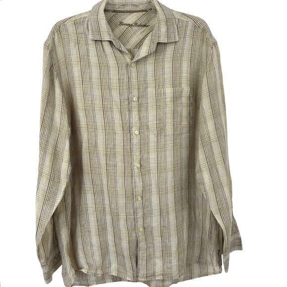 Tommy Bahama Men Linen Long Sleeve Button Up Shirt Brown Beach Summer Size Large - Picture 1 of 6